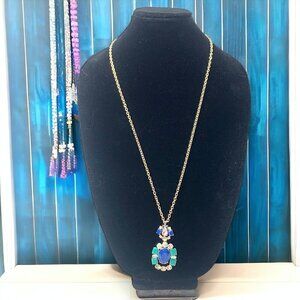 J.Crew Rope Length Beaded Jeweled Necklace Gold Green Blue Clear Crystal 32"L